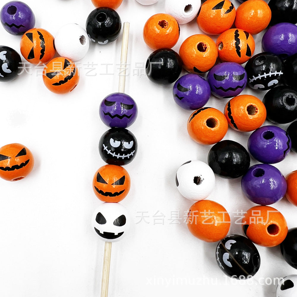 Wholesale 20PCS Halloween Christmas Spider Web Grimace Colorful Wooden Beads